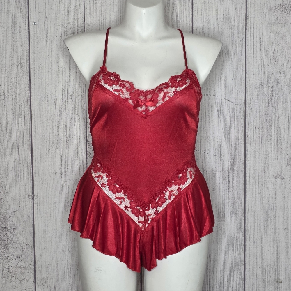 VTG 80s 90s Petra Fashions Red Satin Lace Teddy Bodysuit Lingerie Romper, Sz L